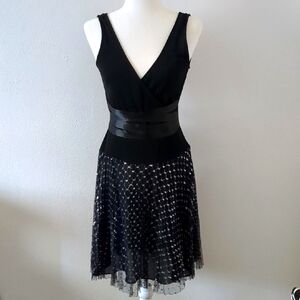 Y2K Black V Neck Dress With Satin Wrap & Silver Mesh Tulle Size 8